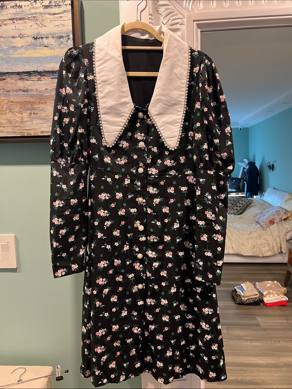 Black Floral Button-Front Dress with White Contrast Collar